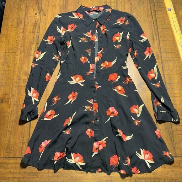 Zara Dresses & Skirts - Zara Black/Red Floral Print Shirt Dress. Fitted Torso Then Flirty Flair‎ XS